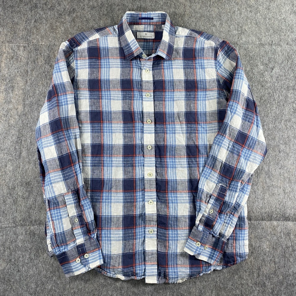 Toascano Firenze 100% Linen Shirt Men's Large Plaid Lightweight Summer‎ Wedding